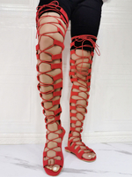 Rote Sommerstiefel Open Toe Flat Heel Micro Wildleder Sommer Gladiator Sandalen