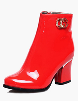 Rote Stiefeletten Damen Round Toe Metall Detail Chunky Heel Booties
