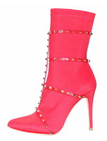 Rote Stiefeletten High Heel Booties Spitzschuh Nieten Riemchen Stretch Stiefel