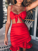 Rote zweiteilige Sätze Baumwollrüschen Sexy Crop Top mit Rock