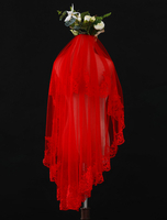 Roter Hochzeits-Schleier Tulle One Tier Spitze Applique Rand Brautschleier