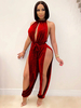 Roter Jumpsuit Jewel Neck Ärmelloses Lace Up High-Slit Trägerloses Polyester Loses Sommer Einteiler Outfit
