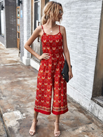 Roter Overall für Damen mit Blumendruck; ärmelloser; breiter Sommeranzug aus Polyester