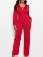 Roter V-Ausschnitt mit langen Ärmeln Baumwollmischung Gerade Sommer Einteiliges Outfit