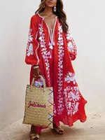 Rotes Boho-Kleid Damen Langarm bedrucktes übergroßes Maxikleid