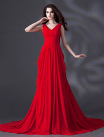 rotes Günstiges Brautkleid aus Chiffon mit V-Ausschnitt und Hof-Schleppe