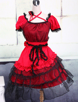 Rotes Lolita Kleid aus Baumwolle mit kurzen Ärmeln und schwarzen Spitzen
