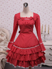 Rotes Lolita Kleid mit langen Ärmeln und 3 Stufigen Rüschen