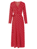 Rotes Maxikleid Damen V-Ausschnitt Langarm Polka Dot Slit Langkleider