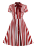 Rotes Retro-Kleid 1950er Jahre Stehkragen Schleifen Streifen Geschichtet Kurzarm Bedrucktes Swing-Kleid