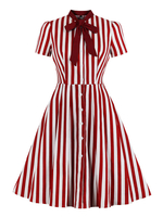 Rotes Retro-Kleid 1950er Jahre Stehkragen Schleifen Streifen Geschichtet Kurzarm Bedrucktes Swing-Kleid