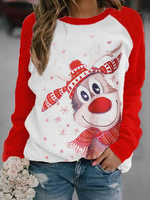 Rotes T-Shirt der Frauen Langarm-Rentier-bedrucktes Polyester-Weihnachts-T-Shirt mit Rundhalsausschnitt