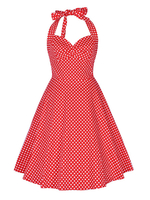 Rotes Vintage-Kleid der Frauen der 1950er Jahre Ture Red Polka Dots Ärmelloses; einteiliges Baumwollkleid mit V-Ausschnitt