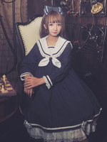 Sailor Lolita OP Einteiliges Kleid Langarm Rüschen Bows Sailor Collar Zweifarbig Dark Navy Lolita Dress