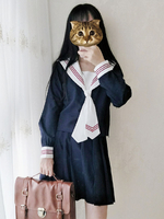 Sailor Style - Lolita Outfit - Gestreifte Krawatte Blau Langarmshirt mit Faltenrock