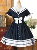 Sailor Style Lolita OP Kleid 2021 Ruffle Bow Spitze Zwei Töne Poplin Navy Blau Lolita Einteiliges Kleid