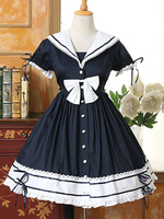 Sailor Style Lolita OP Kleid 2021 Ruffle Bow Spitze Zwei Töne Poplin Navy Blau Lolita Einteiliges Kleid