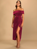 Samt-Maxikleid schulterfrei hoher Schlitz plissierte Cocktail-Abschlussballkleider