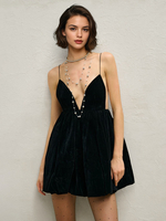 Samt-Minikleid mit V-Ausschnitt rückenfrei Spaghettiträger A-Linie Partykleid für Damen 2025