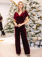 Samtoverall mit V-Ausschnitt und kurzen Ärmeln einfarbig einteiliges Outfit