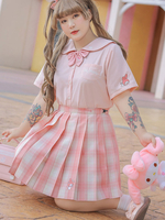 Sanrio Authorized Plus Size Sweet Lolita Blusen Schleifen Peter Pan Kragen Kurze Ärmel Schleife Rosa Lolita Hemd