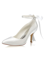 Satin Brautschuhe Elfenbein Spitz Bogen Knöchelriemen Braut High Heels