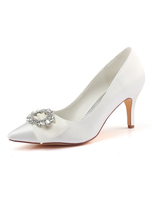 Satin Hochzeit Schuhe 2021 Elfenbein Spitze Strasssteine Bogen High Heel Braut Schuhe