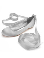 Satin Hochzeit Schuhe Frauen Runde Spitze Schnüren Brautjungfer Schuhe Silber Flache Brautschuhe