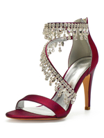 Satin Hochzeitsschuhe Burgund Strass Open Toe Stiletto Heel Brautschuhe Mutter Schuhe