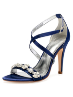 Satin Hochzeitsschuhe Dark Navy Open Toe Strass Criss Cross Brautschuhe Mutter Schuhe