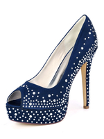Satin Hochzeitsschuhe Deep Blue Strass Peep Toe Peep Toe Stiletto Absatz Brautschuhe