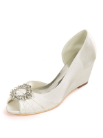 Satin Hochzeitsschuhe Elfenbein Strass Peep Toe Wedge Heel Brautschuhe Mutter Schuhe