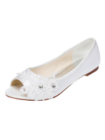 Satin Hochzeitsschuhe White Peep Toe Perlen Flache Brautschuhe