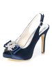 Satin Mutter Schuhe dunkel Navy Peep Toe Strass Bow Slingbacks Hochzeitsschuhe