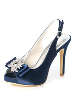 Satin Mutter Schuhe dunkel Navy Peep Toe Strass Bow Slingbacks Hochzeitsschuhe