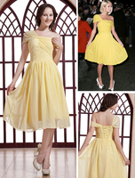 Satin und Chiffon Kleid mit Einschulter und Falten in Narzissengelb; knielang
