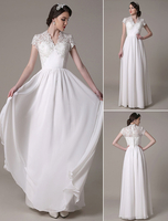 Scheide Hochzeitskleid mit V-Ausschnitt Spitze Chiffon Plissee bodenlangen Braut Kleid Milanoo