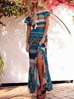 Schicker Anzug für Damen mit Print in Grün im Boho-Style für Sommer Set gemischten Baumwollen 2 Stk Set Oberteil&Rock