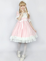 Schickes Lolita Kleid mit Rundkragen und kurzen Ärmeln im ROCOCO Stil und Rüschen in Rosa