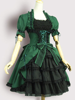 Schickes Lolita Kleid mit viereckigem Ausschnitt und kurzen Ärmeln im viktorianischen Ära und Spitzen in Olive