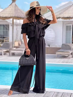 Schlichter lässiger Jumpsuit mit Rüschen schulterfrei für den Sommer 1-teiliges Outfit