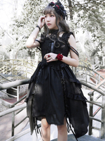 Schönes Lolita Kleid Polyester mit Stehkragen und Rüschen gotisch in Schwarz