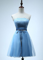 Schulterfreies Brautjungfer Kleid kurze Tüll Partykleid Cyan Kordel Empire Cocktailkleid