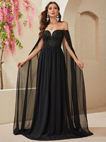 Schulterfreies Paillettenkleid mit Empire-Taille und Maxi-Abschlussballkleid in Schwarz