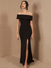 Schwarz Abendkleid Scheide Bateau Hals bodenlangen kurze Ärmeln Reißverschluss Split Front Satin Stoff Social Pageant Kleider