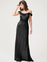 Schwarz Abendkleid Scheide Bateau Neck Satin Stoff Bodenlang Plissee Boden Länge Abendkleider