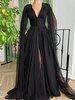 Schwarz Brautkleid V-Ausschnitt Abendkleid Chiffon bodenlang mit Perlen verziert Ballkleid