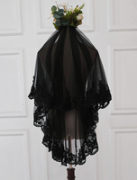 Schwarz Brautschleier One Tier Tüll Spitze Applique Brautschleier