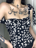 Schwarz Cami Top Straps Hals gedruckt Farbblock Schnür plissiert sexy rückenfreie Polyester Camis