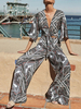 Schwarz-Farben-Block V-Ausschnitt Halbarm Lace Up Kordelzug Polyester Breite Sommer One Piece Outfit